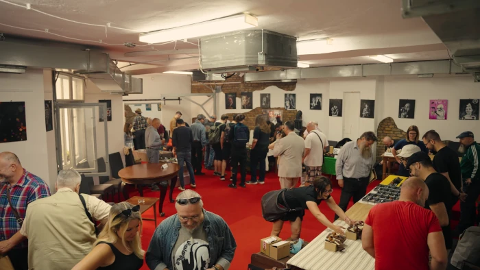 Aerial shot of the bustling exhibition hall